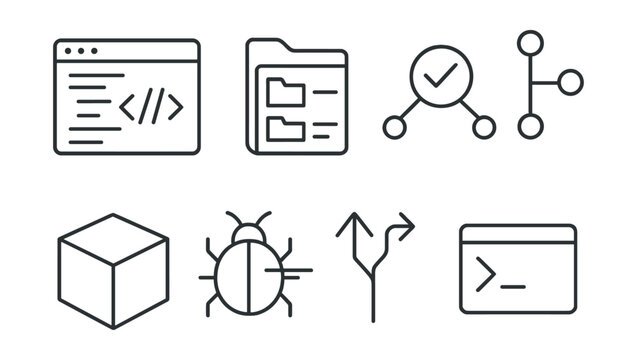 Line style icons of development tools: IDE screen, file structure, Git commit icon, version control tree, package manager, debugger bug, code merge arrows, terminal prompt.