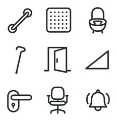 Accessibility Home Icons. Outline icon set of accessibility home features: grab bar, non-slip mat, raised toilet seat, walking