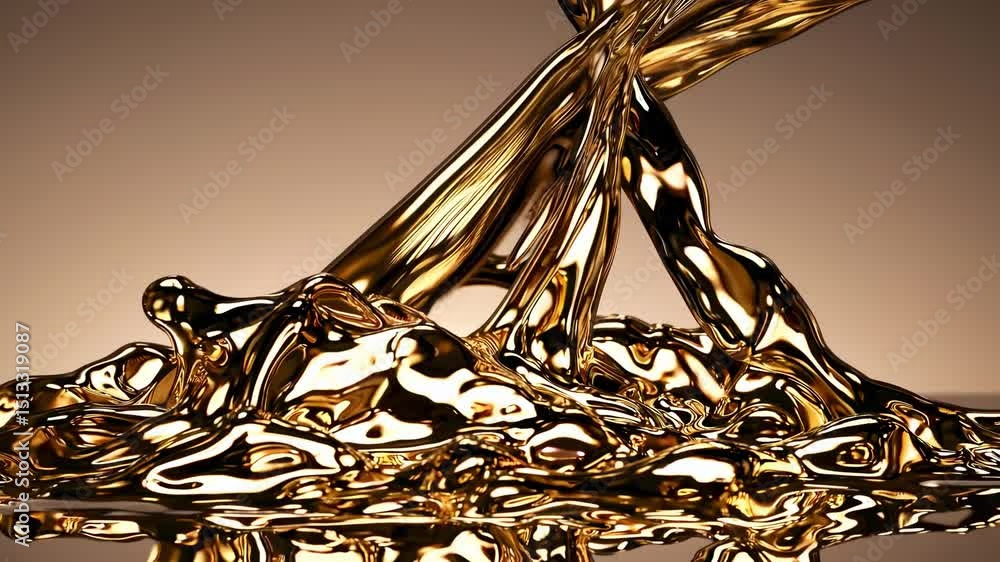Poster golden molten lava flowing, creating sculptural curves and fluid patterns across deep brown backgrou
