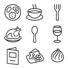 Anniversary Menu Icons. Outline icon set of anniversary menu planning: appetizer plate, soup bowl, salad fork, entree dish,