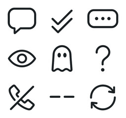 Communication Icons Grid. Outline icon set of communication and ghosting behaviors: chat bubble, read receipt, typing indicator,