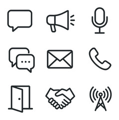 Outline Communication Icons. Outline icon set of communication skills: speech bubble, megaphone, microphone, chat bubbles, email