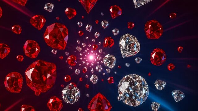 Fundo abstrato em azul escuro com movimento, raios de luz e pedras preciosas &mdash; rubis e diamantes