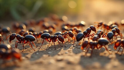 colony of ants in motion on sandy ground during golden hour
