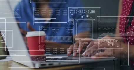 Woman typing laptop, man scrolling smartphone driving animated business data panels mapping inputs - Powered by Adobe