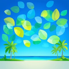 A bright and cheerful abstract beach illustration with a blue sky, ocean, a palm tree on the sand, and colorful translucent leaves floating in the air.