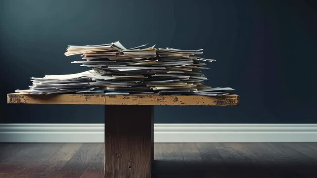 High stack of papers on a wooden table