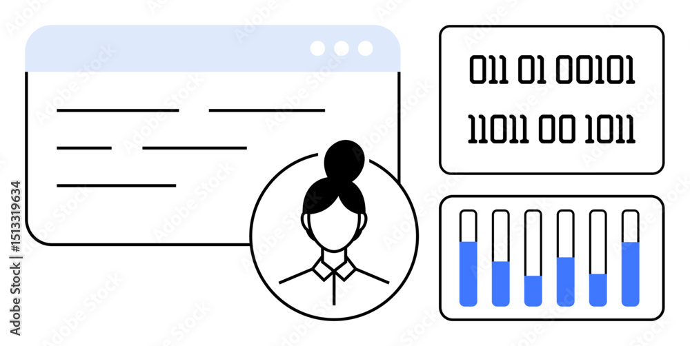 Aufkleber woman avatar next to browser window, binary digits, and data chart with blue bars. ideal for analyti