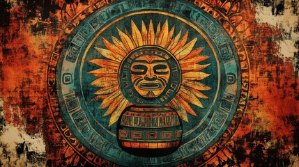 Obraz premium Aztec sun stone representation with a textured background in orange and teal.