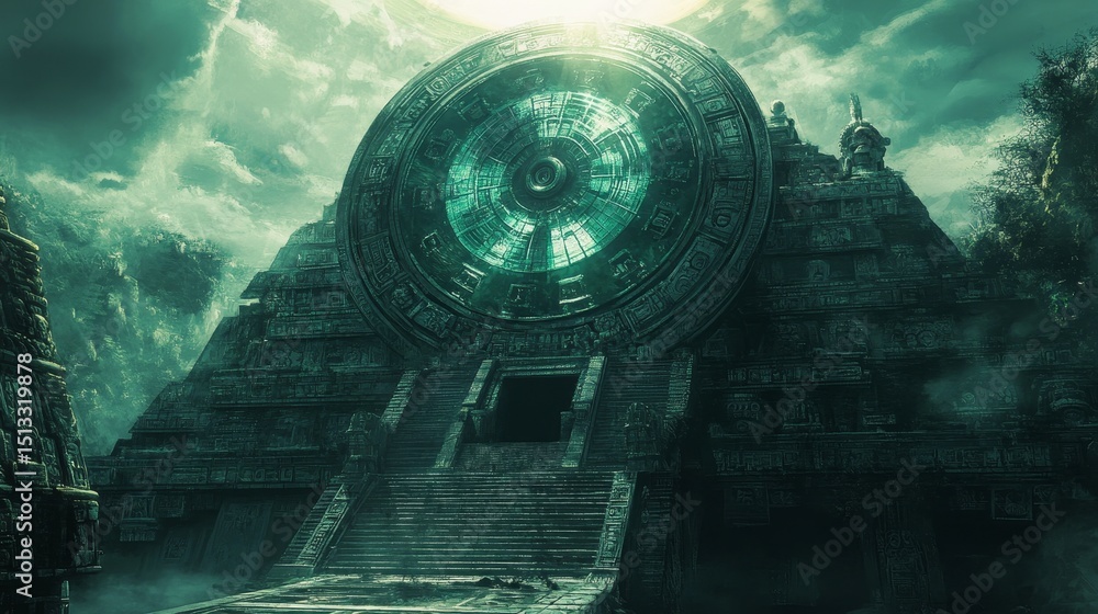Poster pyramid structure with a glowing circular portal under a cloudy sky.