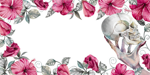 Scary witch hand holding human skull with dark pink hibiscus flowers drawn watercolor illustration. Isolated on white horrible rectangular frame for gothic halloween design, card, invitation template