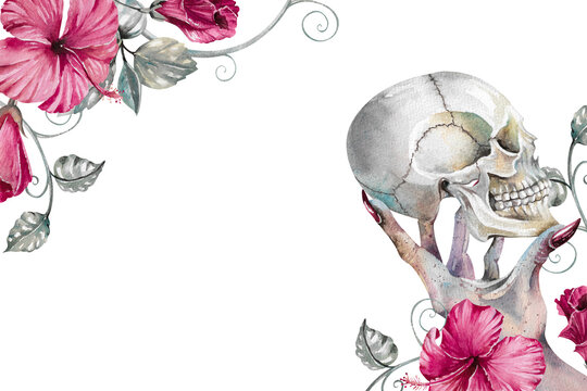 terrifying human skull in scary hand painted watercolor illustration. Isolated on white horrible rectangular frame with dark pink hibiscus flower for Gothic halloween design, card, invitation template