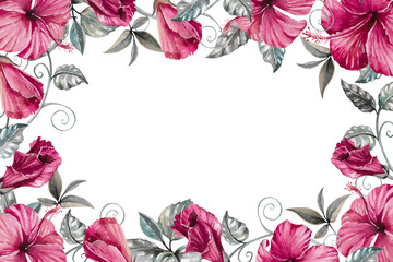 Hibiscus dark pink flowers, gray silver leaves and branches and liana hand drawn watercolor illustration isolated on white. Bright rectangular frame template for gloomy designs, cards, invitations