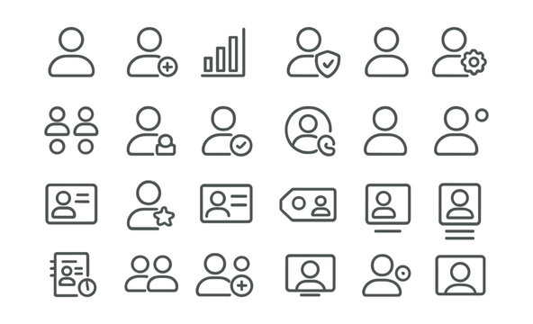 Line style icons of user profiles and access: user icon, account role, access level, permissions badge, profile settings, multi-user grid, user lock icon, verified user, contact profile, activity