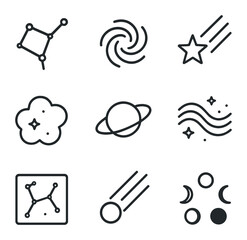 Cosmic Energy Icons. Outline icon set of cosmic energy: star constellation, galaxy swirl, shooting star, nebula cloud, planet ring