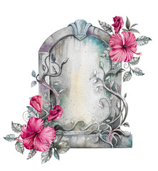 Antique tombstone with dark pink hibiscus flowers, silver leaves hand drawn watercolor illustration isolated on white. Vintage memorial clipart for gothic funeral, halloween, scary, spooky designs
