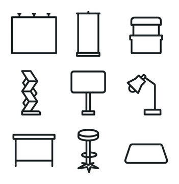 Exhibition Booth Icon Set. Outline icon set of exhibition booth stand: backwall panel, roll-up banner, podium, brochure stand,