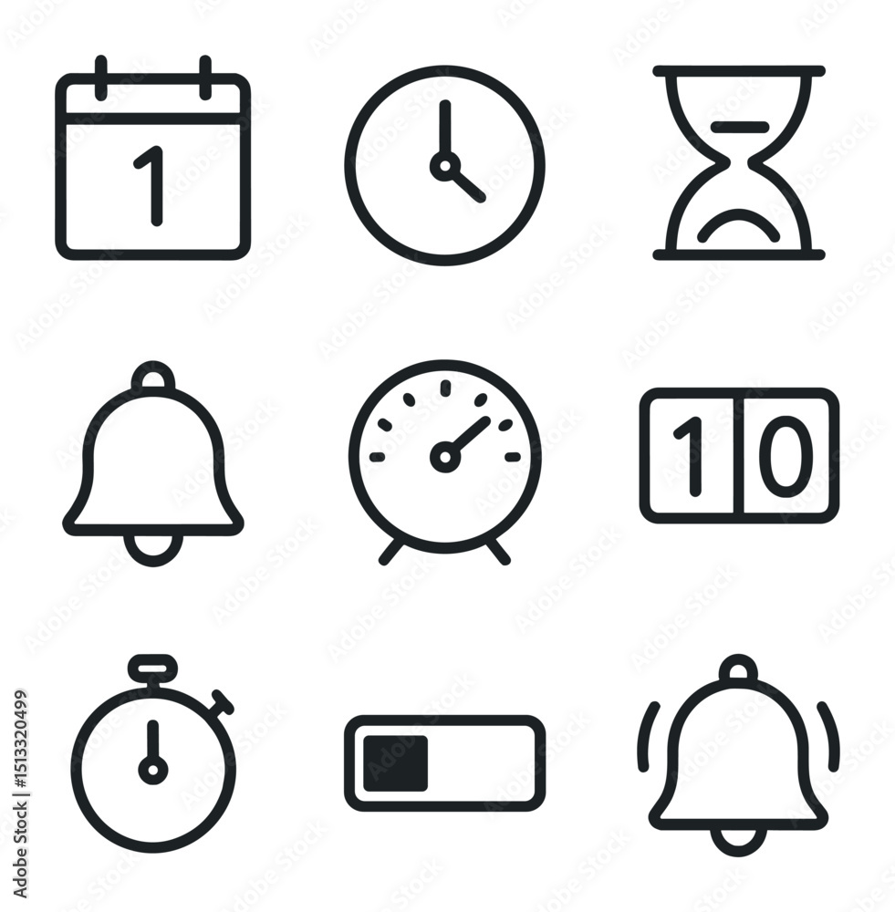 Poster countdown timer icons. outline icon set of countdown timer: calendar, clock, hourglass, alarm bell, 