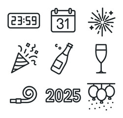 Countdown Celebration Icons. Outline icon set of countdown and midnight celebration: digital clock, calendar page Dec 31,