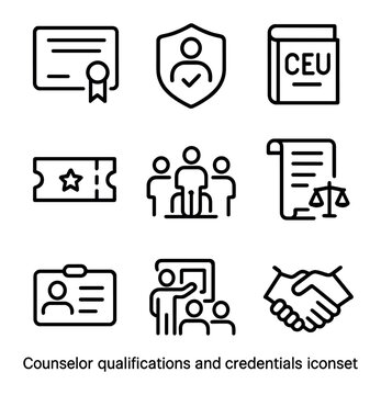 Counselor Icon Set. Outline icon set of counselor qualifications and credentials: diploma certificate, license badge, CEU book,