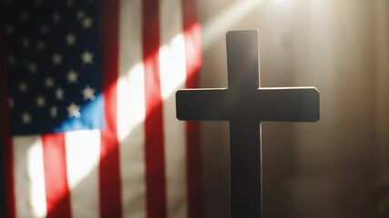 Image of an American flag with a cross symbol in front, suitable for patriotic or Christian-themed projects - Powered by Adobe