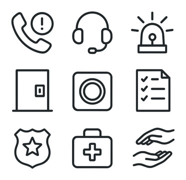 Crisis Intervention Icons. Outline icon set of crisis intervention symbols: emergency phone, hotline headset, alarm bell, safe