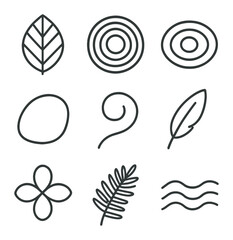 Biophilic Icon Set. Outline icon set of biophilic pattern motifs: leaf vein network, tree ring circles, water ripple, stone pebble