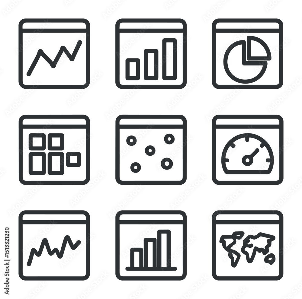 Poster dashboard icon set. outline icon set of visualization dashboards: line chart, bar graph, pie chart, 