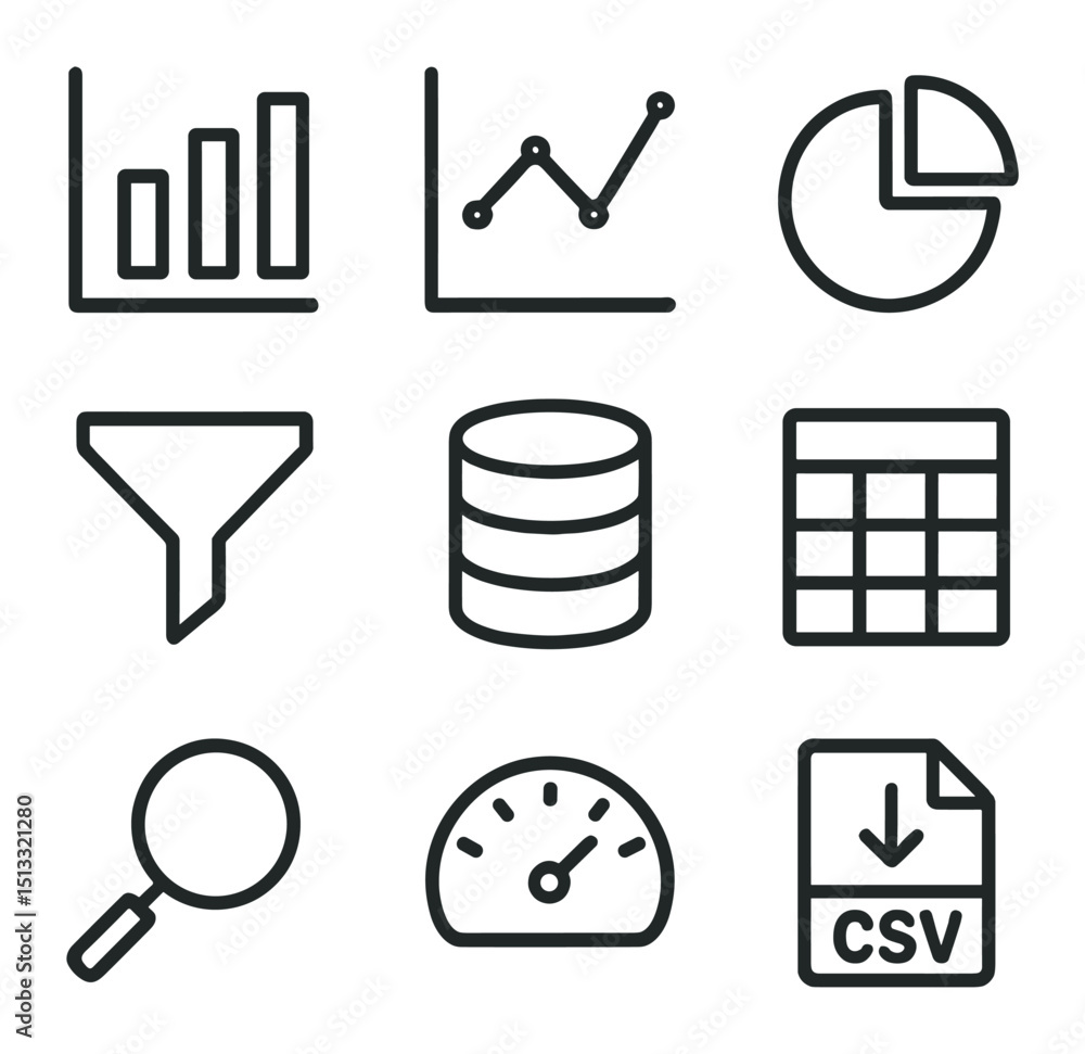 Poster data dashboard icons. outline icon set of data analyst dashboard: bar chart, line graph, pie chart, 