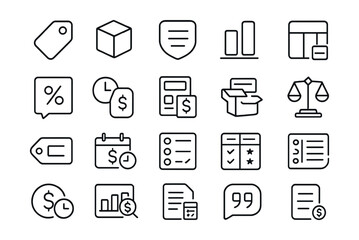 Line style icons of rates, pricing, and service tiers: price tag icon, package bundle tile, service menu badge, starter–pro–premium layout, pricing plan grid, quote request icon, hourly + fixed tag,