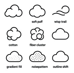 Cloud Texture Icons. Outline icon set of cloud texture elements: fluffy tuft, soft puff, wisp trail, cotton ball, fiber cluster,