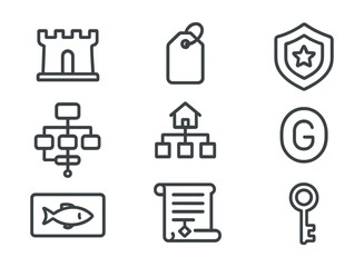 Line style icons of biological classification and taxonomy: kingdom icon, phylum tag, class badge, order layout, family chart, genus symbol, species label, taxonomy tree, Latin name scroll,