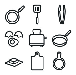 Breakfast Tools Icons. Outline icon set of breakfast cooking tools: frying pan, spatula flip, tongs grip, egg cracked, toaster