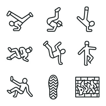 Breakdance Icon Set. Outline icon set of breakdance basics: windmill spin, headspin, baby freeze, backspin, power move flash,
