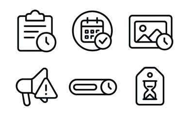 Line style icons of social media: content deadline tracker, post by date badge, scheduled content card, last-minute publish alert, time left bar, story expiration tag.