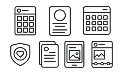 Line style icons of social media: post archive icon, story history screen, monthly content log, recap board badge, memories highlight card, feed from past layout, legacy content timeline.