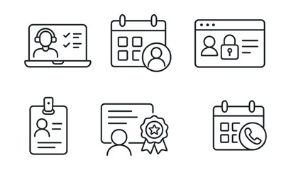 Line style icons of remote work: remote onboarding checklist, first day agenda icon, tool access grant screen, mentor assignment tag, training completion badge, welcome message card, intro call