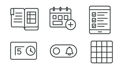 Line style icons of education and learning platforms: study planner icon, calendar integration badge, day/week view layout, task schedule screen, exam countdown card, assignment reminder toggle,
