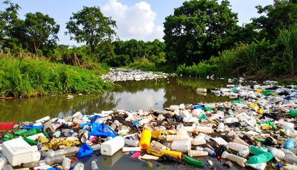 Fototapeta na wymiar River polluted with plastic waste (2)