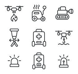 Emergency Repair Bots Icons. Outline icon set of emergency repair bots: fire suppression drone, gas leak detector, flood pump