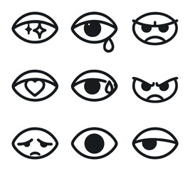 Obraz premium Emotion Icon Grid. Outline icon set of emotions conveyed by eyes: joyful sparkle, teardrop, furrowed brow, heart-shaped pupil,