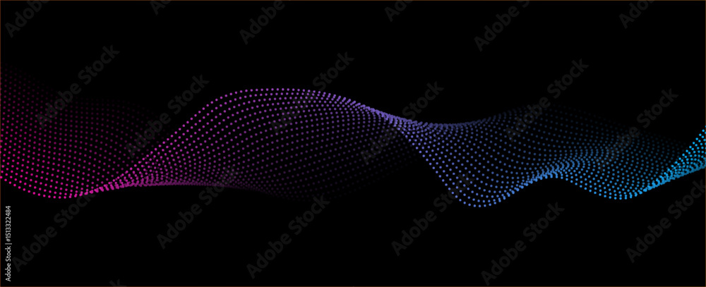 Poster flowing dots particles wave pattern pink and blue isolated on black, background. vector in concept o