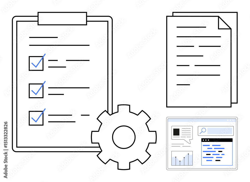 Poster task checklist, gear, documents, and a web analytics window emphasizing workflow, data management, a