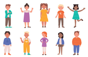 Happy diverse cute kids set vector illustration. Cartoon flat child characters group of different race smiling, preschool or school small boy and girl, children.