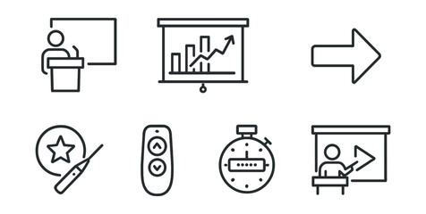 Line style icons of public speaking: slideshow presentation icon, screen with graph, next slide arrow, pointer and screen icon, laser pointer badge, remote clicker symbol, slide timer icon,