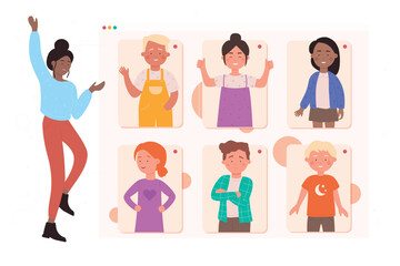 Online school education concept flat vector illustration. Cartoon children characters on computer screen schooling, teacher communicating with pupils in internet chat. Remote educational background