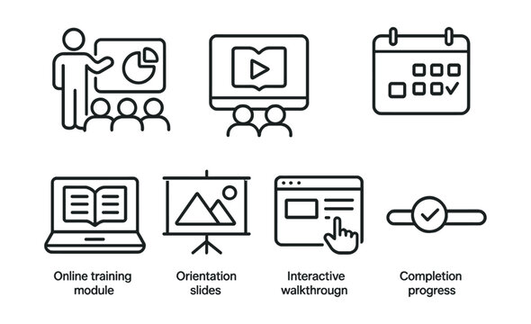 Line style icons of employee onboarding: training session icon, LMS course badge, onboarding video screen, first week schedule, online training module, orientation slides icon, interactive