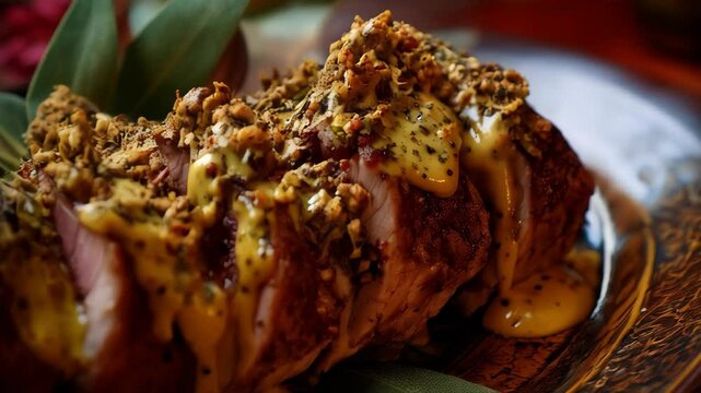Delicious roasted pork loin medallions topped with savory mustard sauce and herbal crumble, served on decorative rustic plate with sage leaves garnish