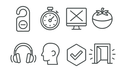 Fototapeta premium Line style icons of focus and deep work: do not disturb sign, focus timer, distraction blocker, Pomodoro clock, noise-canceling headphones, deep work icon, single-task badge, uninterrupted zone.