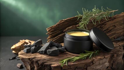 Natural Men’s Skincare Balm in Black Jar on Wooden Surface